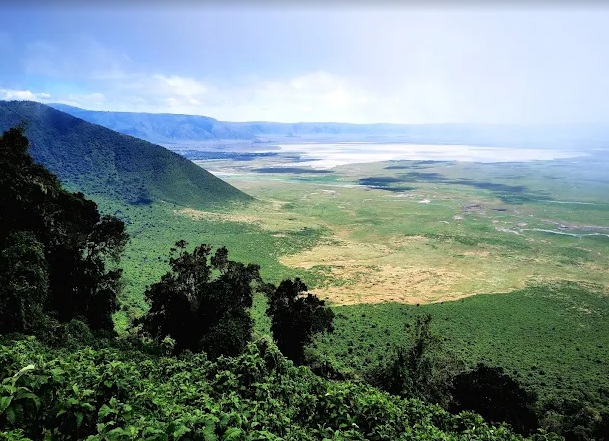 Ngorongoro Crater floor with wildlife and volcanic walls